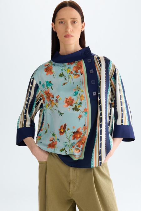 PRINT TWILL STRETCH KNIT OVERSIZE BLOUSE