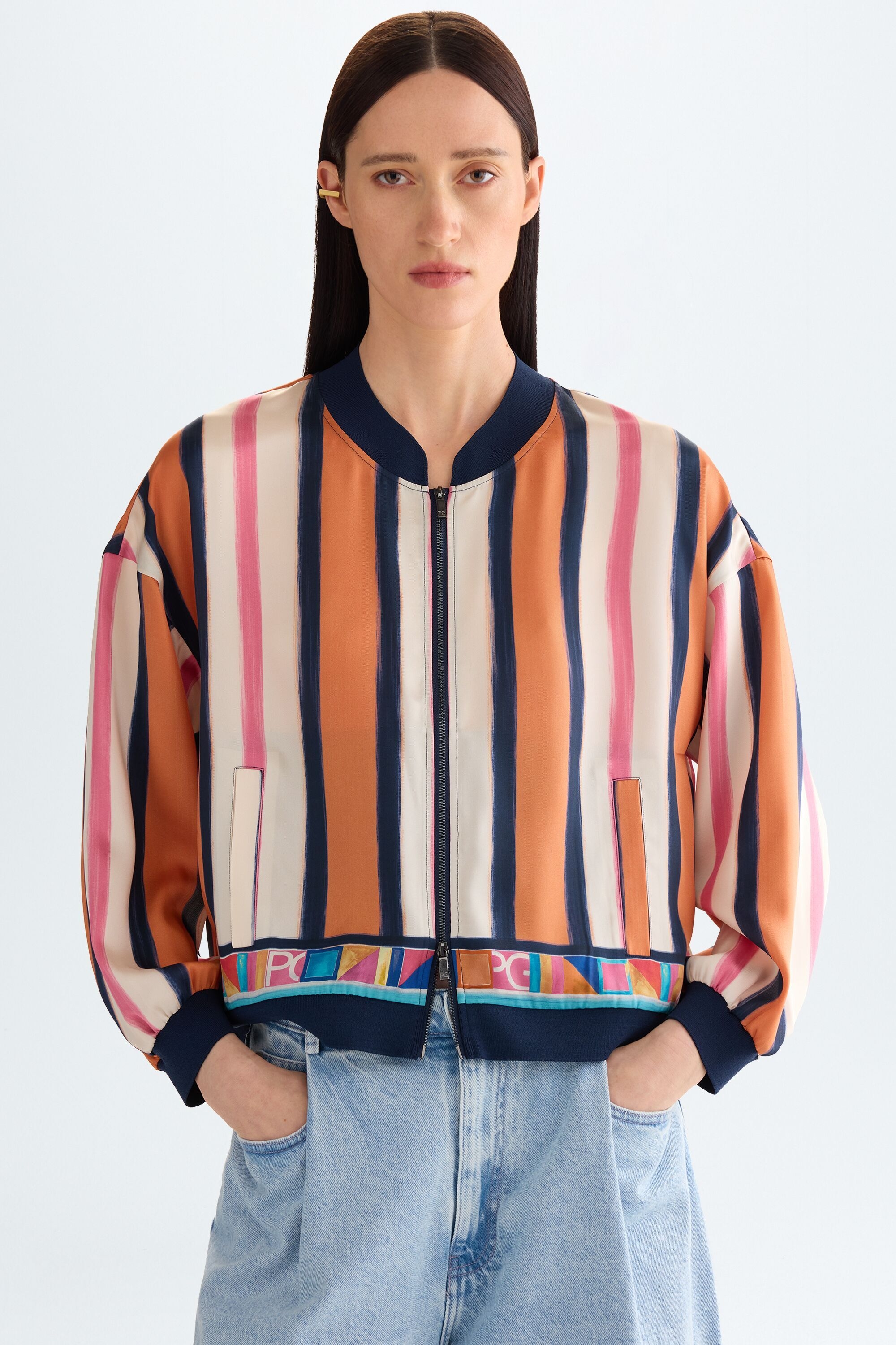 Cinta PG striped print twill bomber jacket