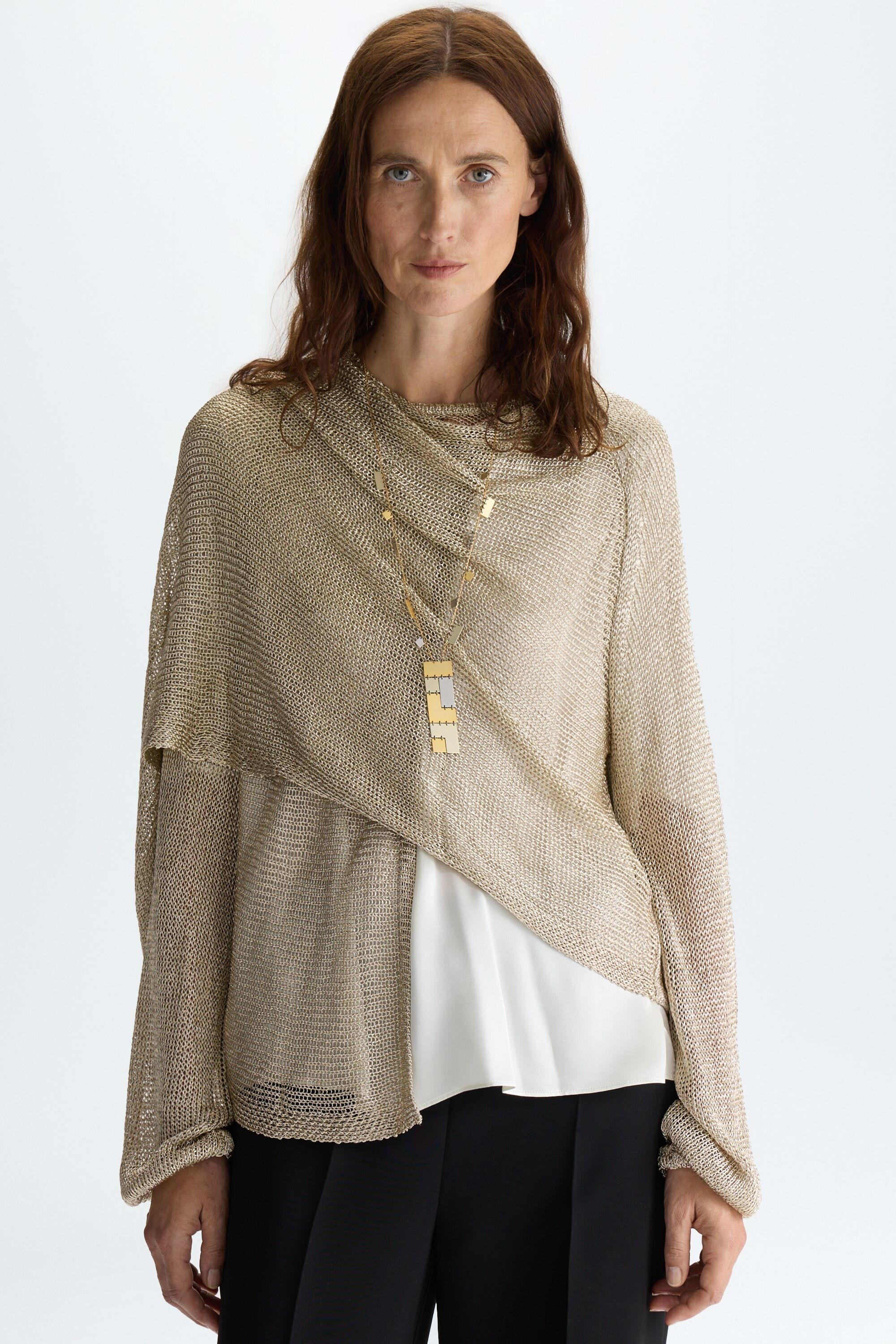 Metallic multi-position wrap straight-fit jacket