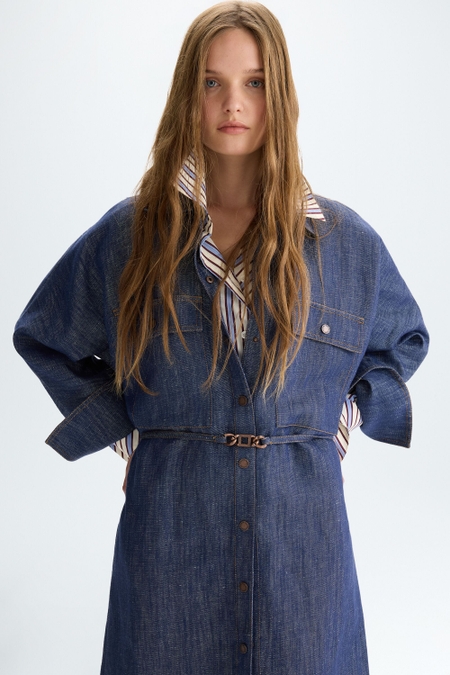 DENIM-EFFECT LINEN COCOON-FIT SHIRT DRESS