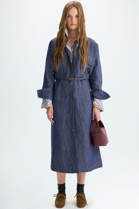 DENIM-EFFECT LINEN COCOON-FIT SHIRT DRESS