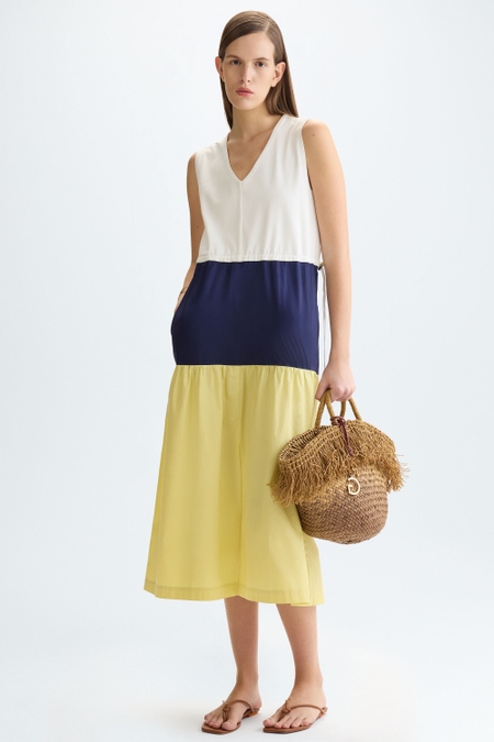 JERSEY KNIT POPLIN FITTED MIDI DRESS