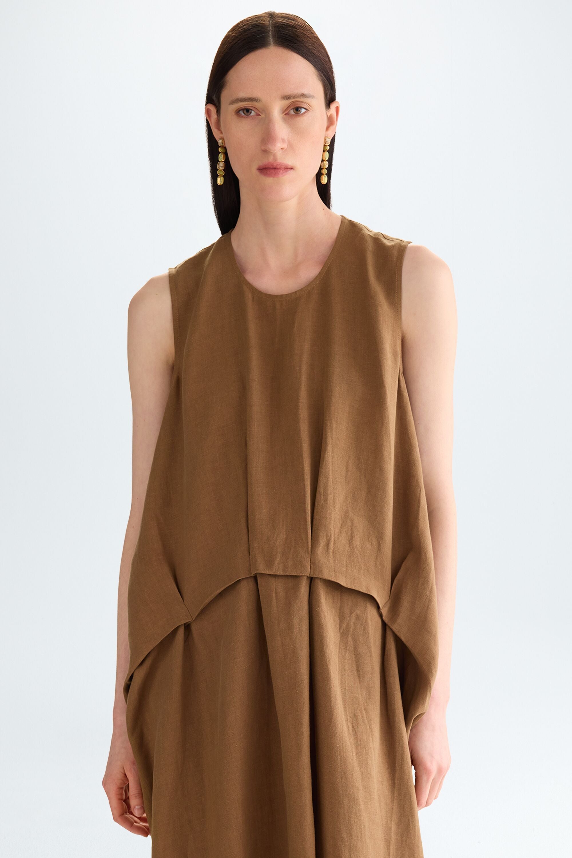 Linen cocoon-fit midi dress earth brown - Purificacion Garcia United States
