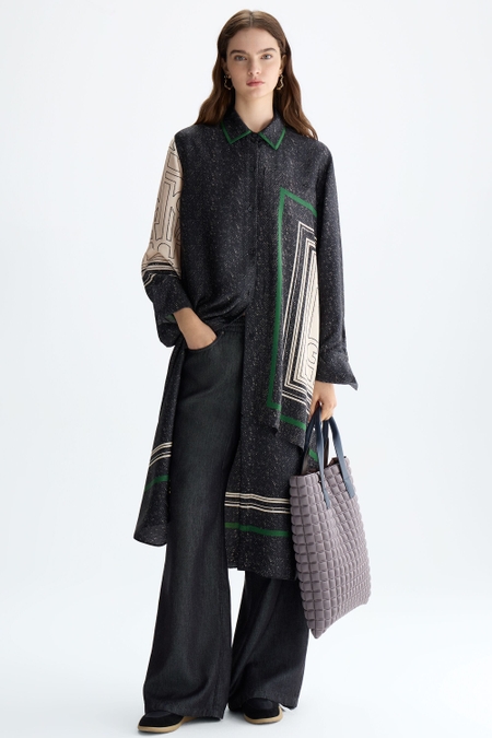 HERRINGBONE PG LINES PRINT TWILL SHIRT DRESS