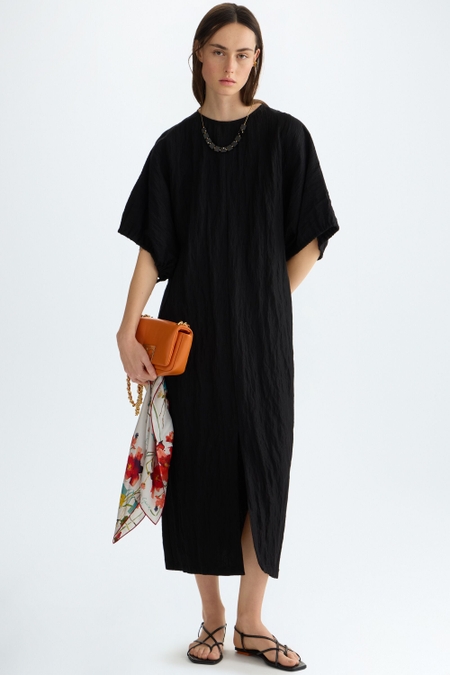 CRINKLE SATIN STRAIGHT-FIT MIDI DRESS