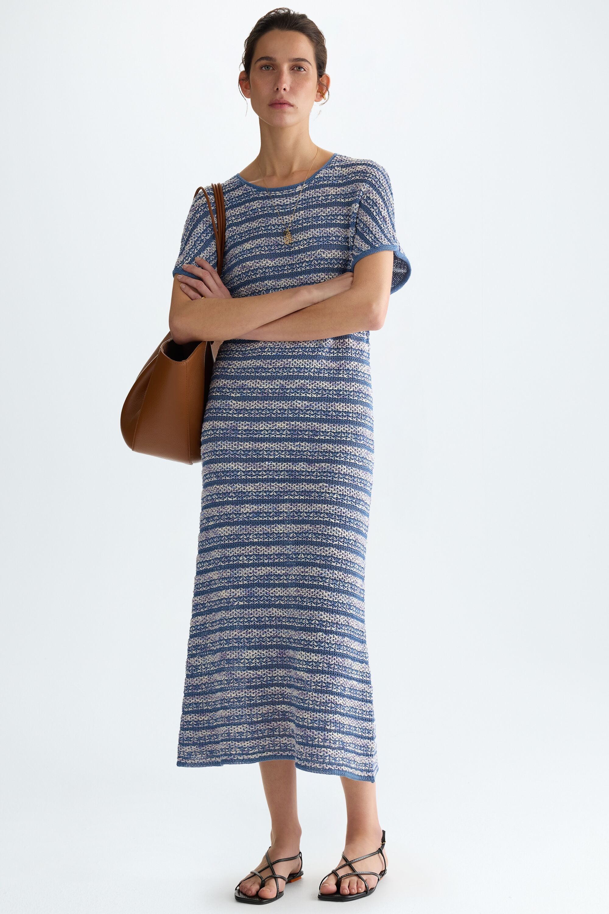 Striped knit A-line midi dress