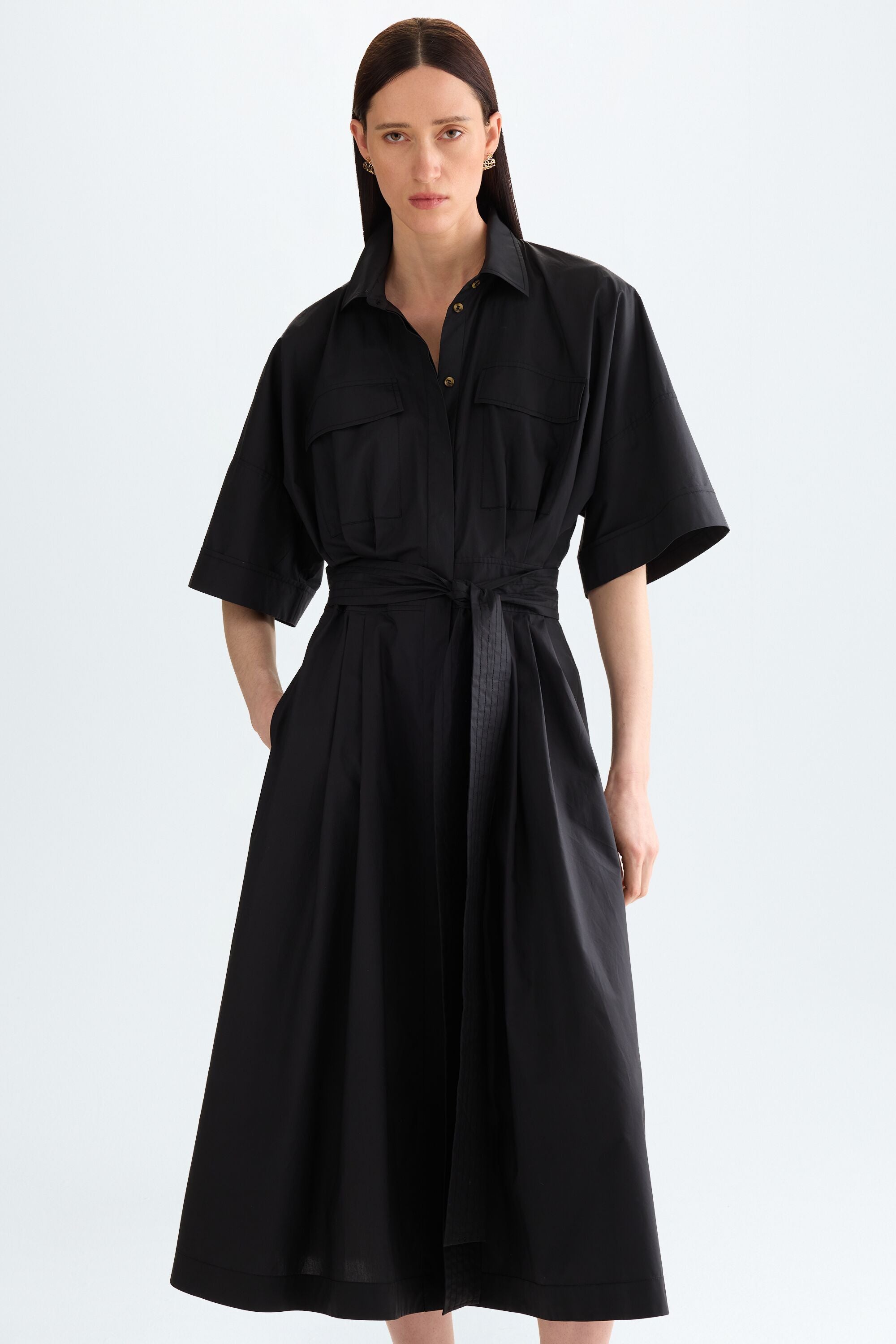 navy blue dress for baby girl Poplin A-line shirt dress black