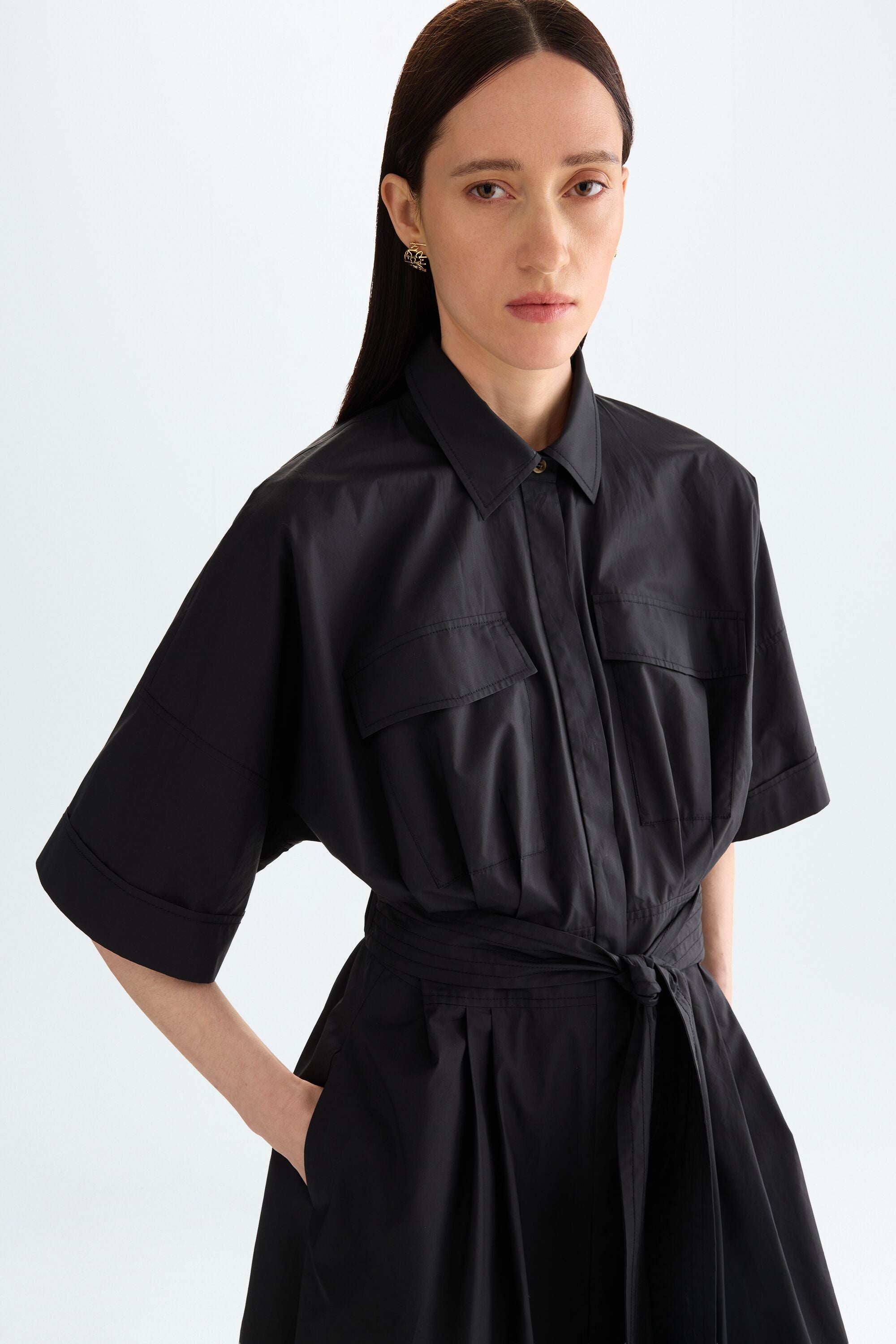 Poplin A-line shirt dress black - Purificacion Garcia Poland