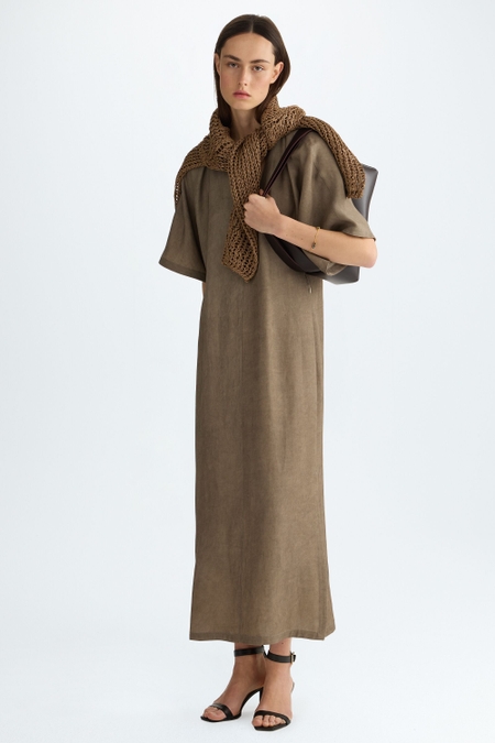 LINEN STRAIGHT-FIT MIDI DRESS