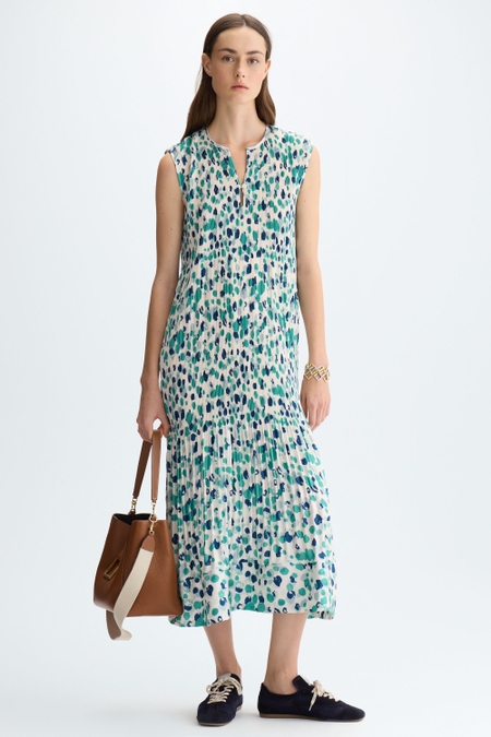 PRINT MICRO-PLEATED TWILL MIDI DRESS