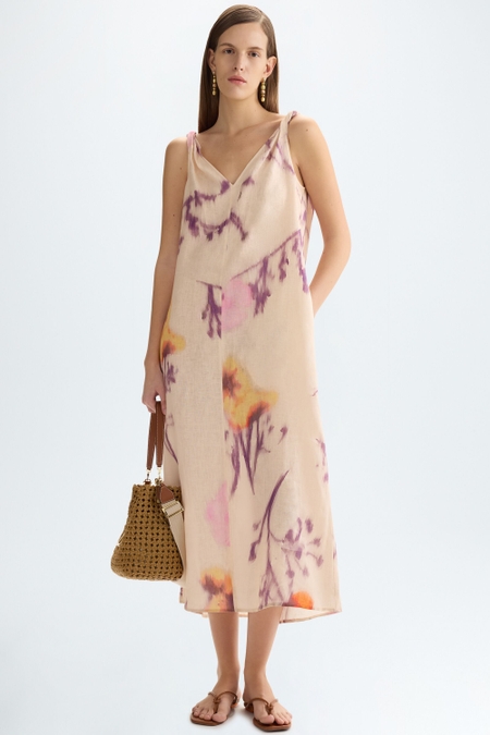 PRINT LINEN STRAIGHT-FIT MIDI DRESS