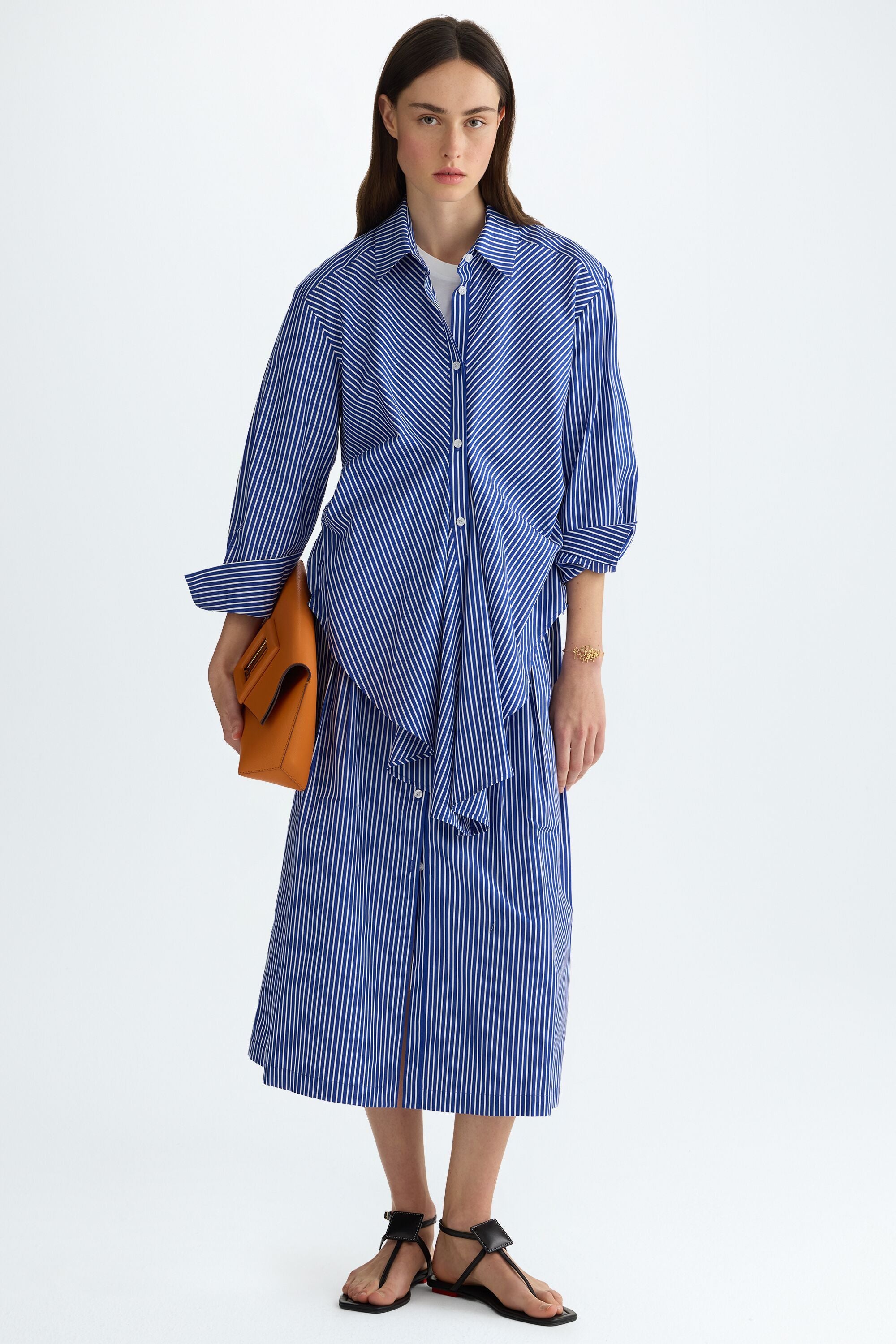 Striped poplin two-piece shirt dress navy/ecru - Purificacion