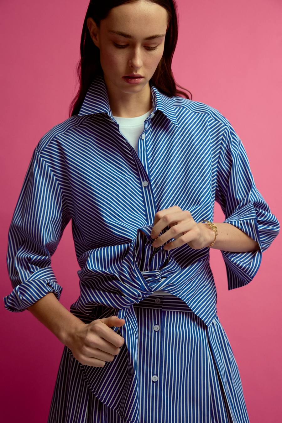 STRIPED POPLIN TWO-PIECE SHIRT DRESS