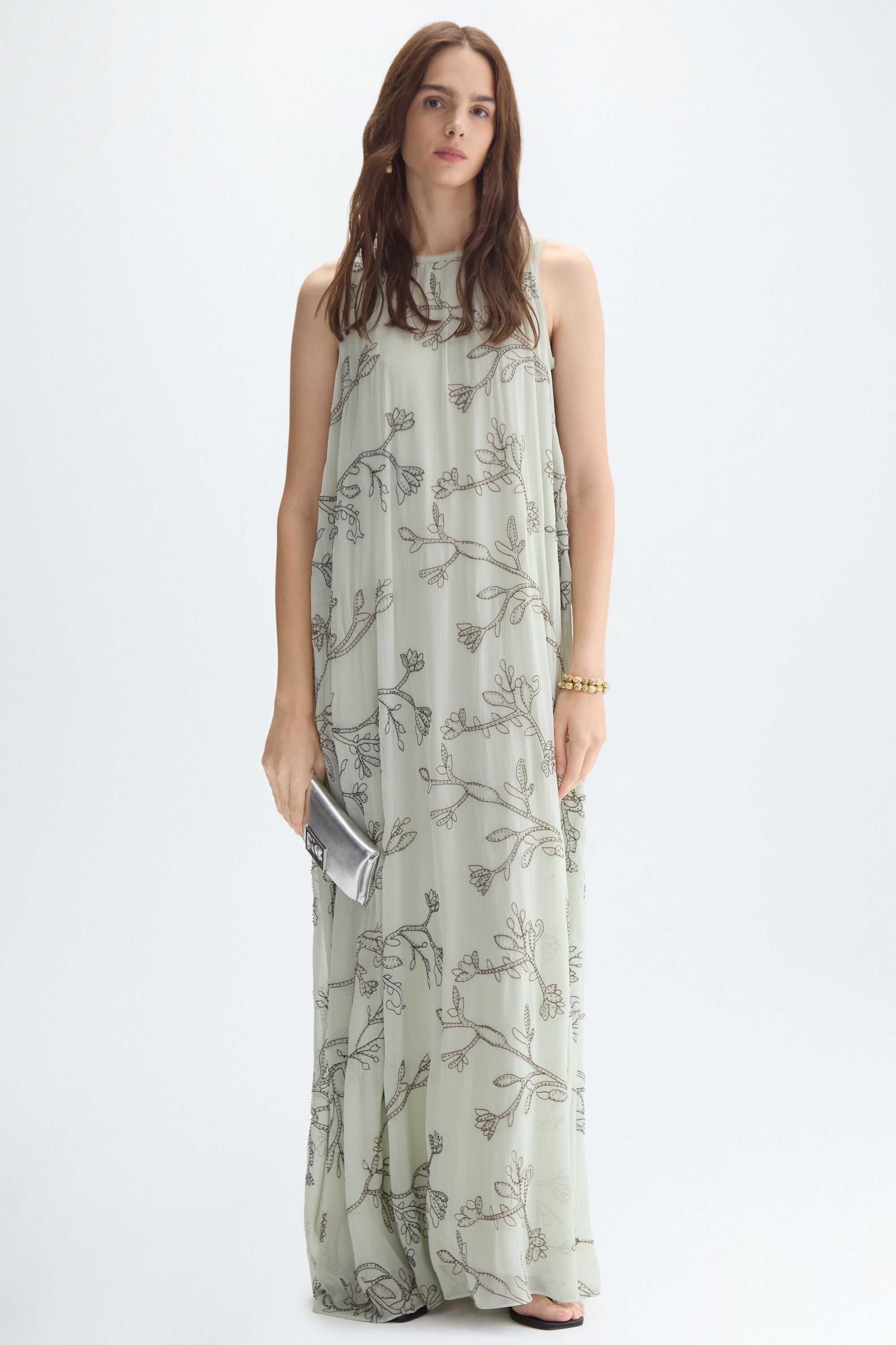 Embroidered georgette straight-fit long dress - TURQUOISE BLUE