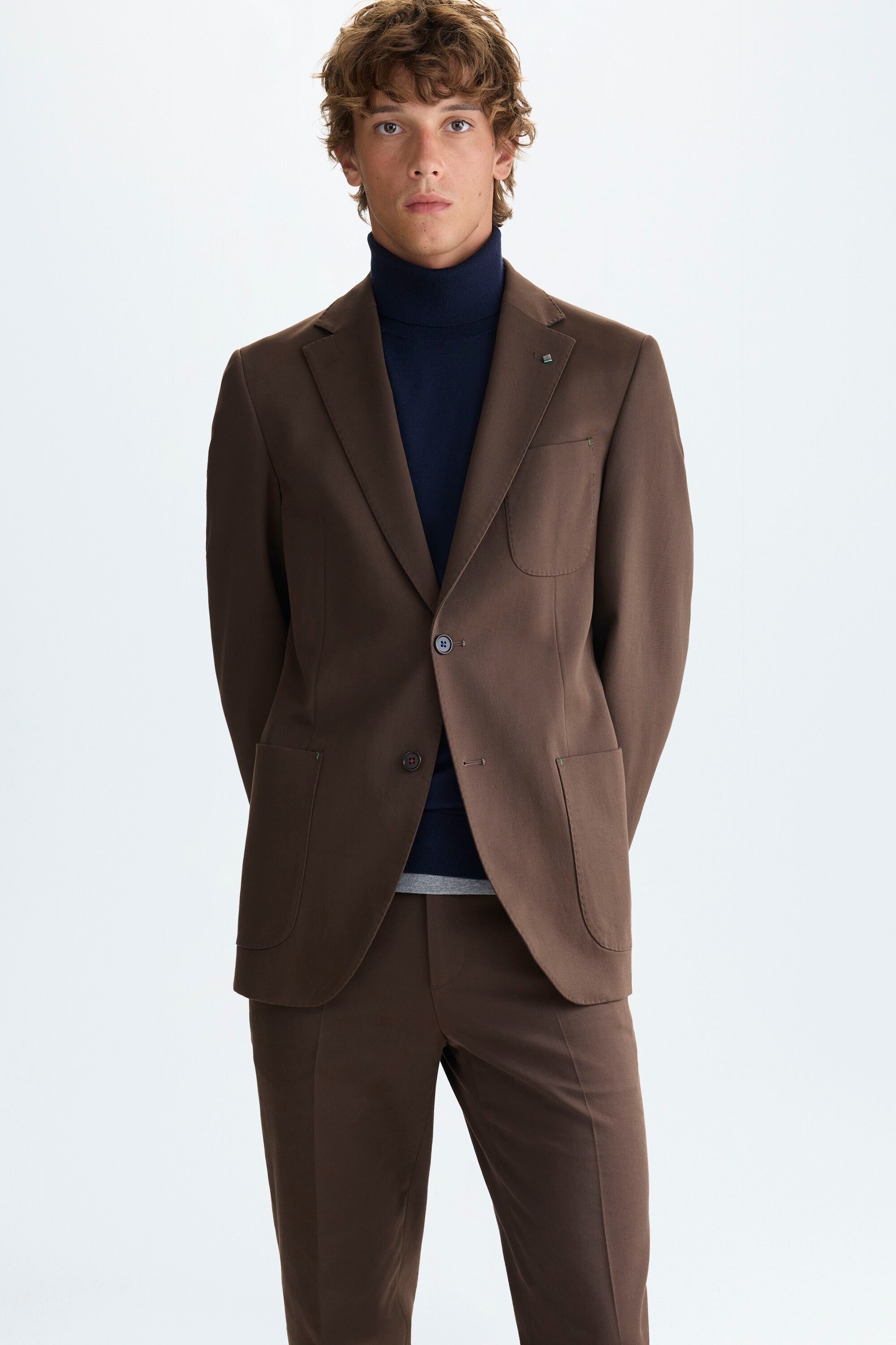 Cotton twill relaxed fit suit jacket - BROWN