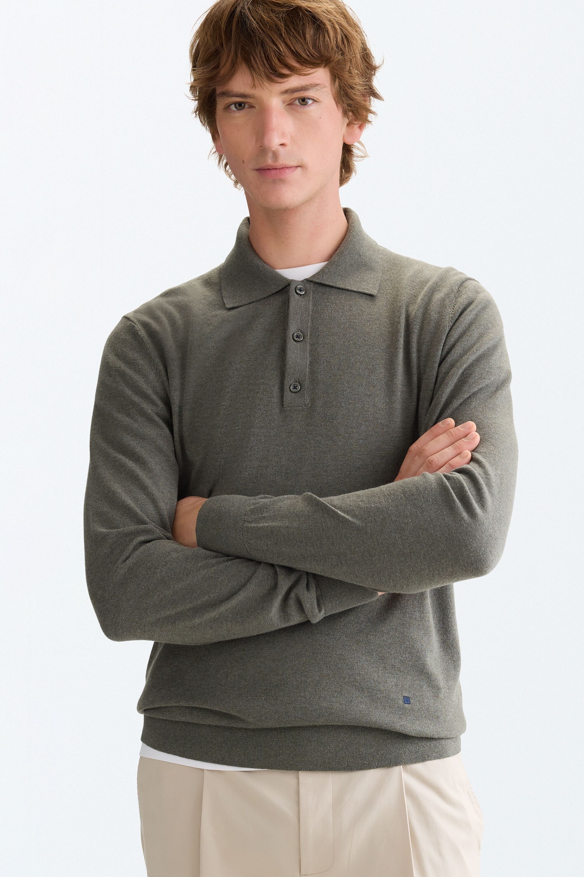Cotton wool knit polo shirt - GREEN/TAUPE