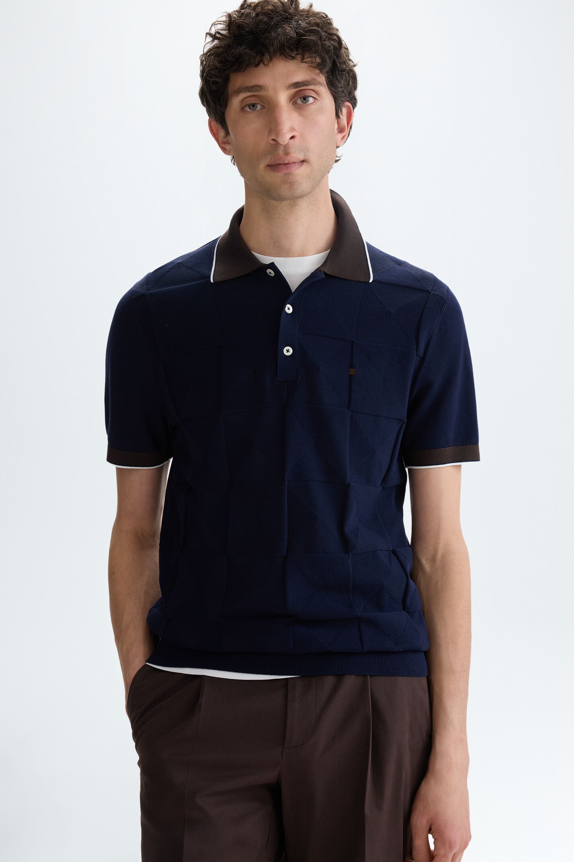 Origami textured knit polo shirt navy/brown - Purificacion Garcia