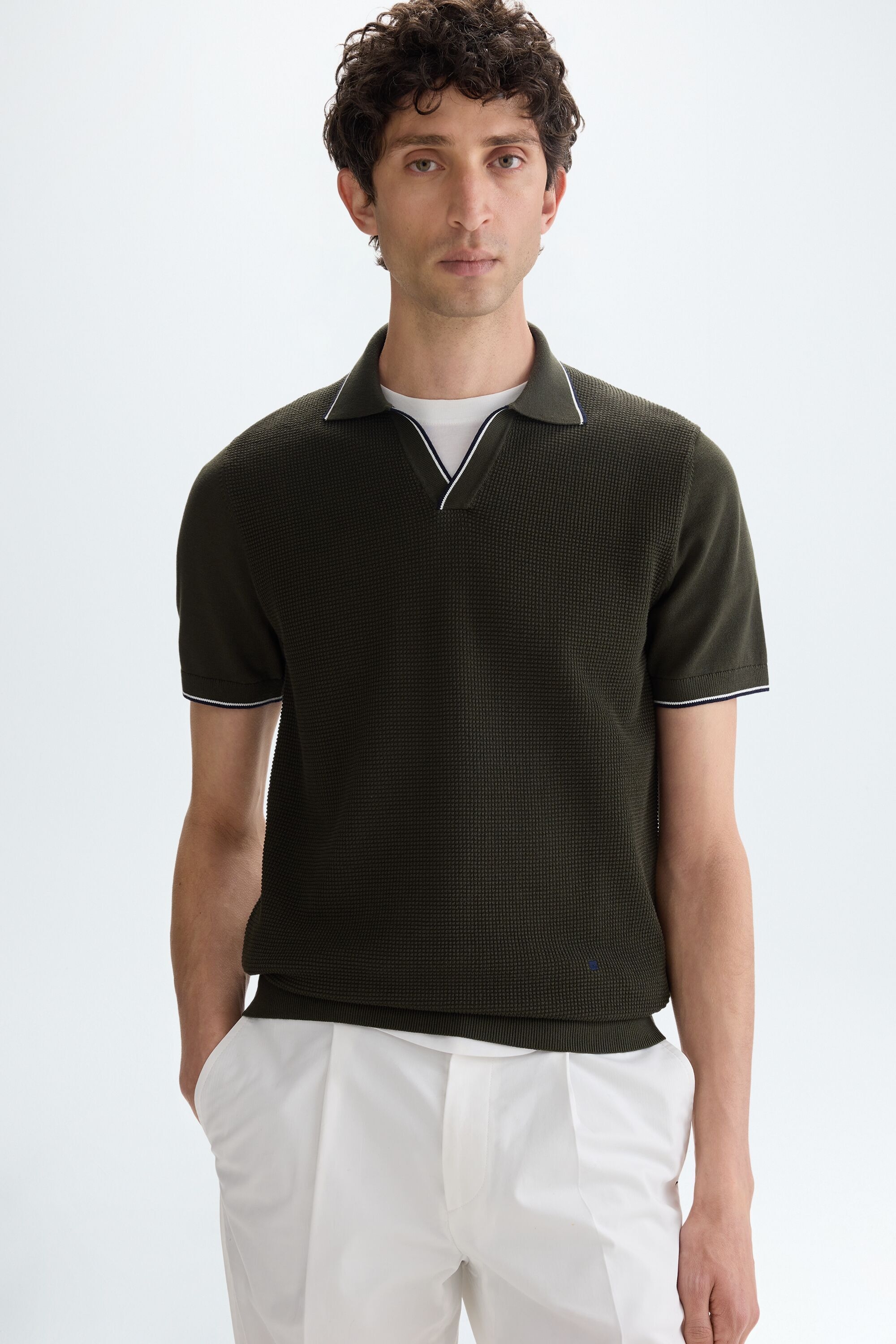 Textured pima cotton knit polo shirt - KHAKI