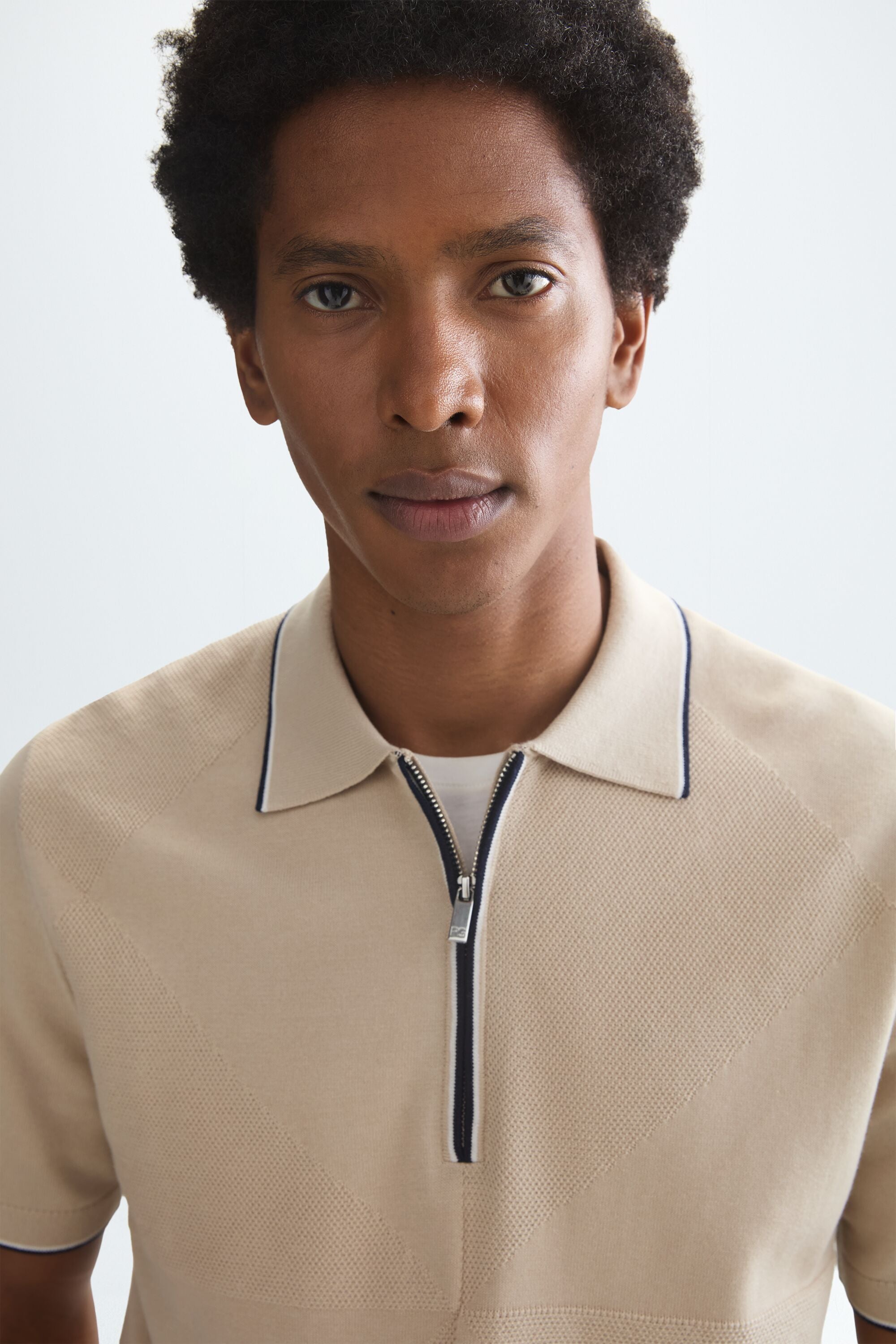 Origami knit half-zip polo shirt beige - Purificacion Garcia Belgium