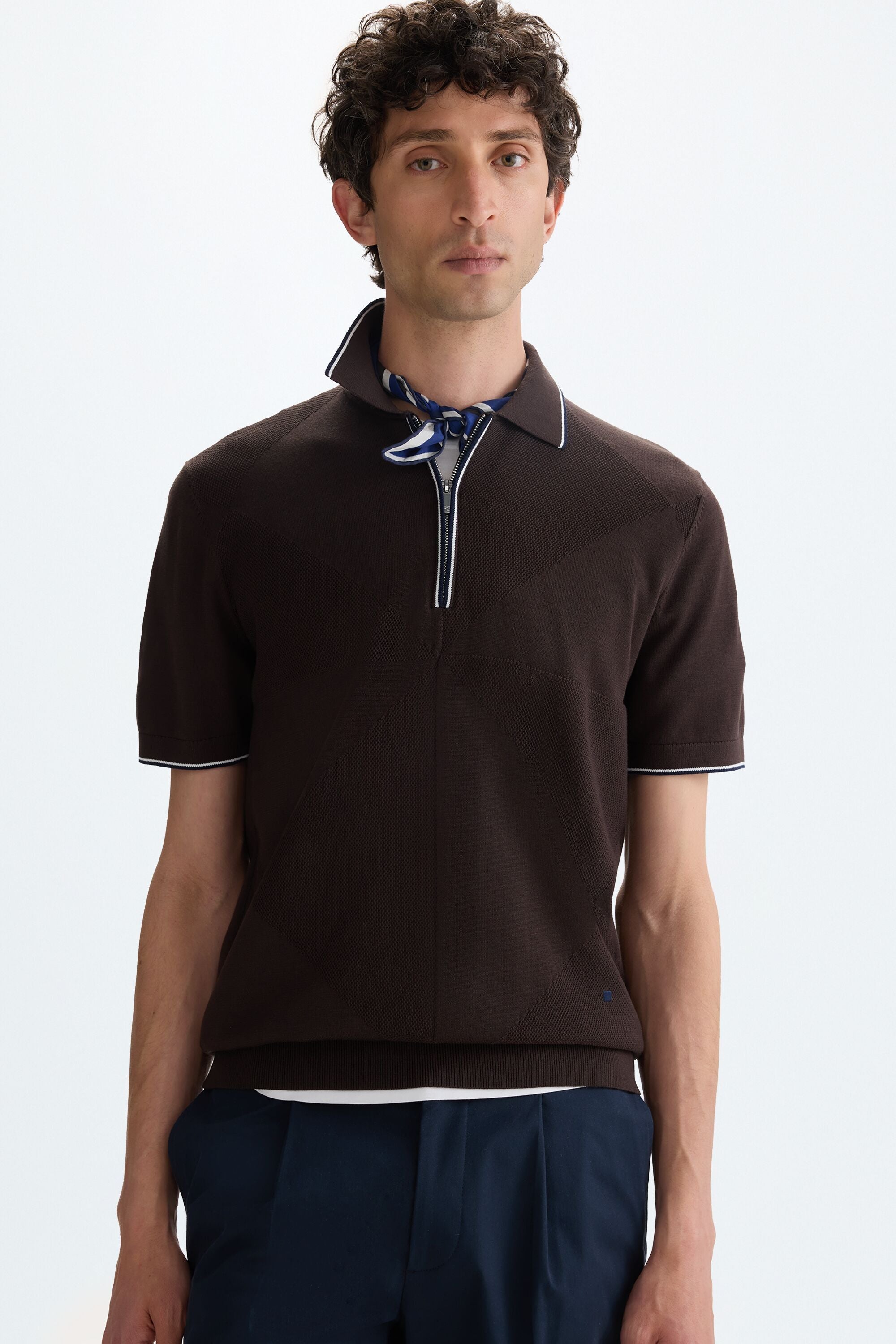 Origami knit half-zip polo shirt brown - Purificacion Garcia