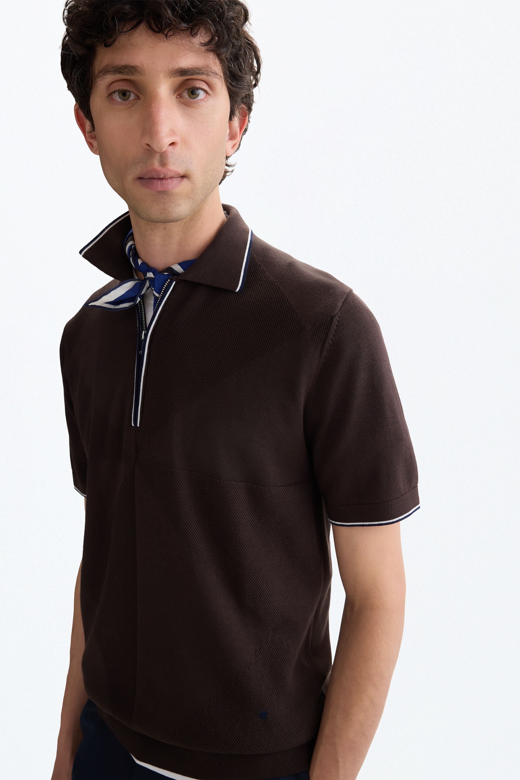 Origami knit half-zip polo shirt brown - Purificacion Garcia