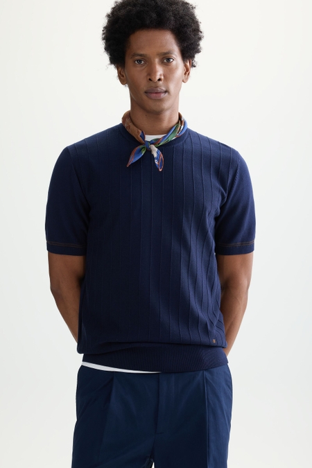 STRIPED TEXTURED SHORT-SLEEVED SWEATER