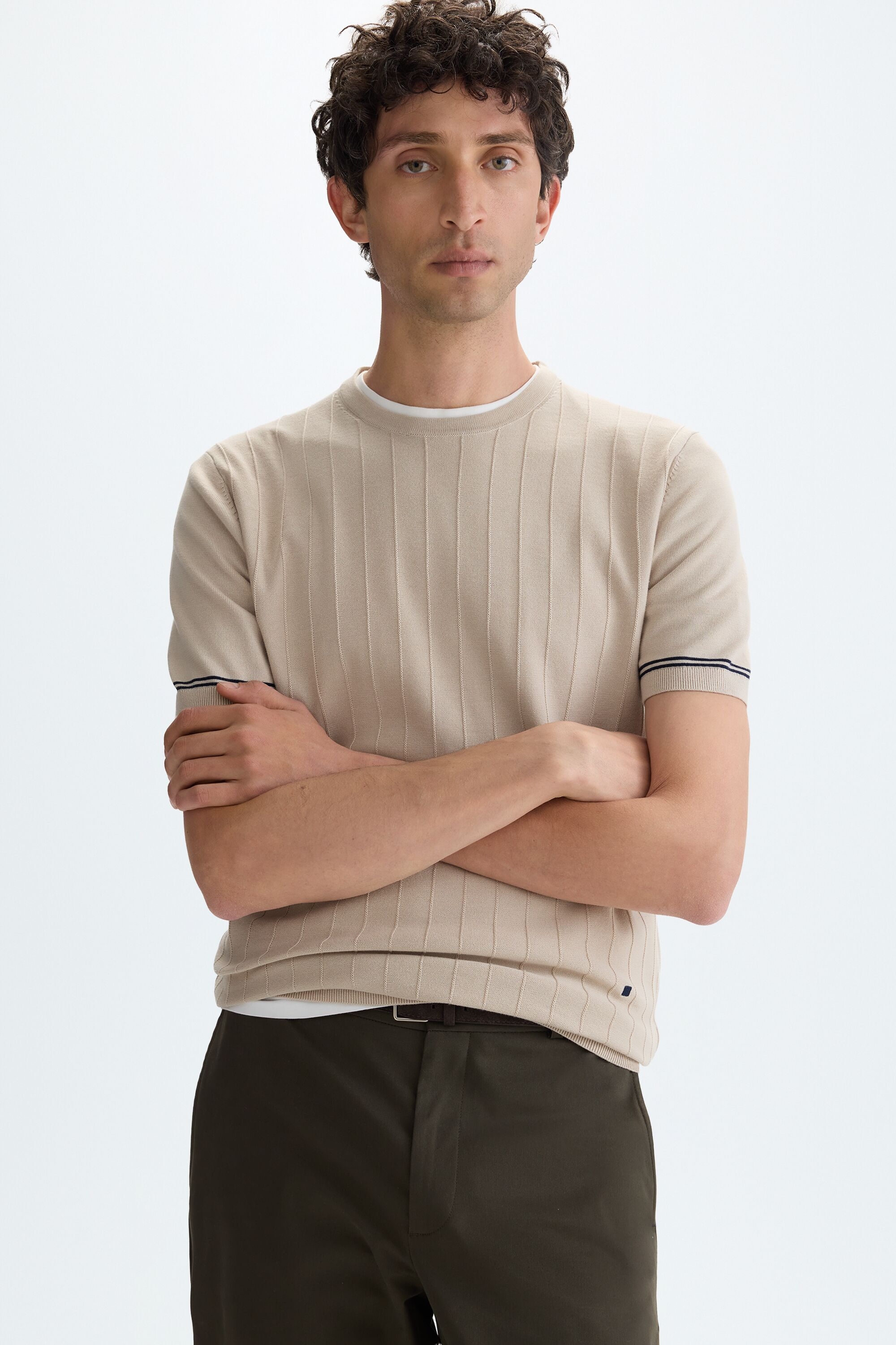 Striped textured short-sleeved sweater