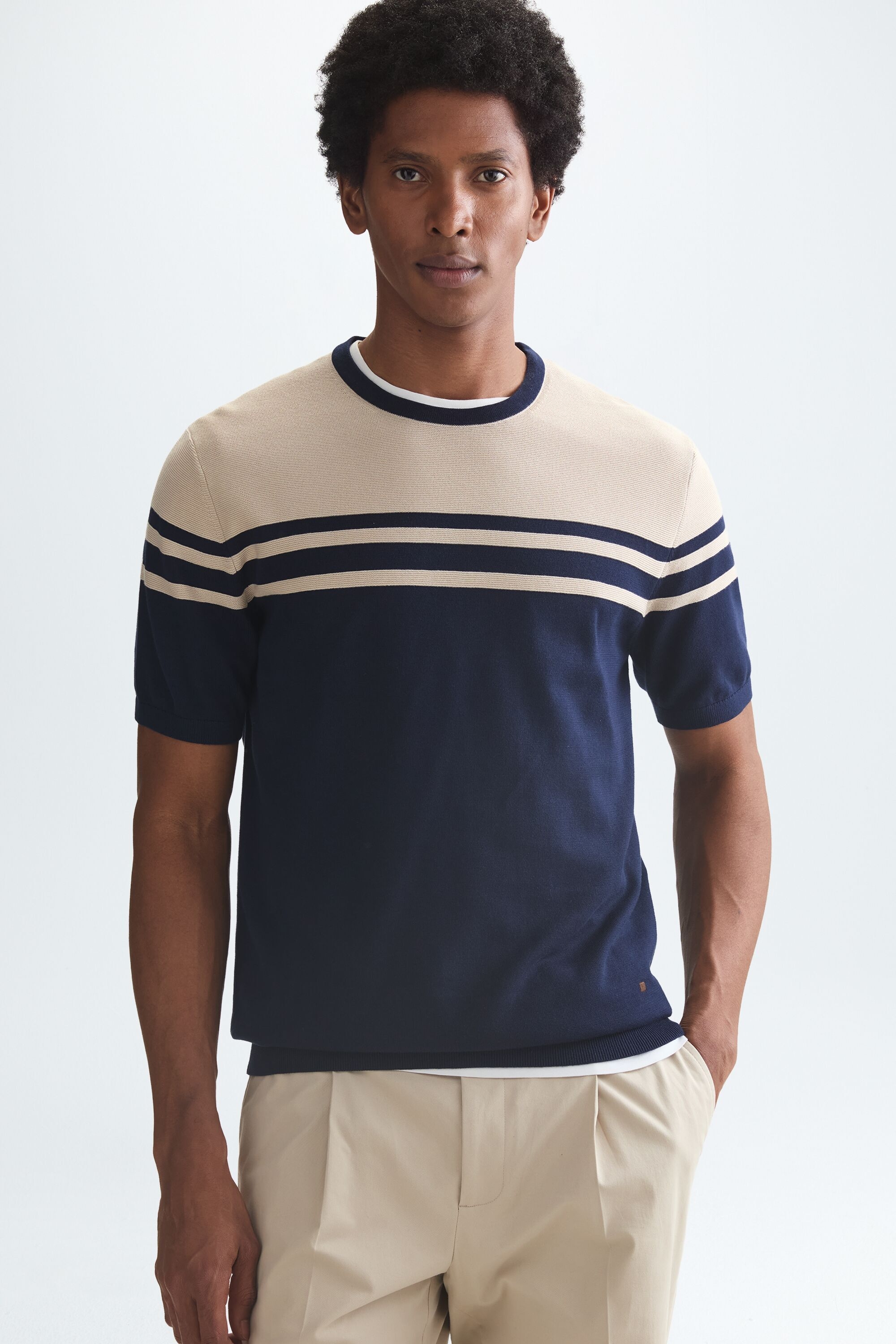 Colorblock pima cotton short-sleeved sweater