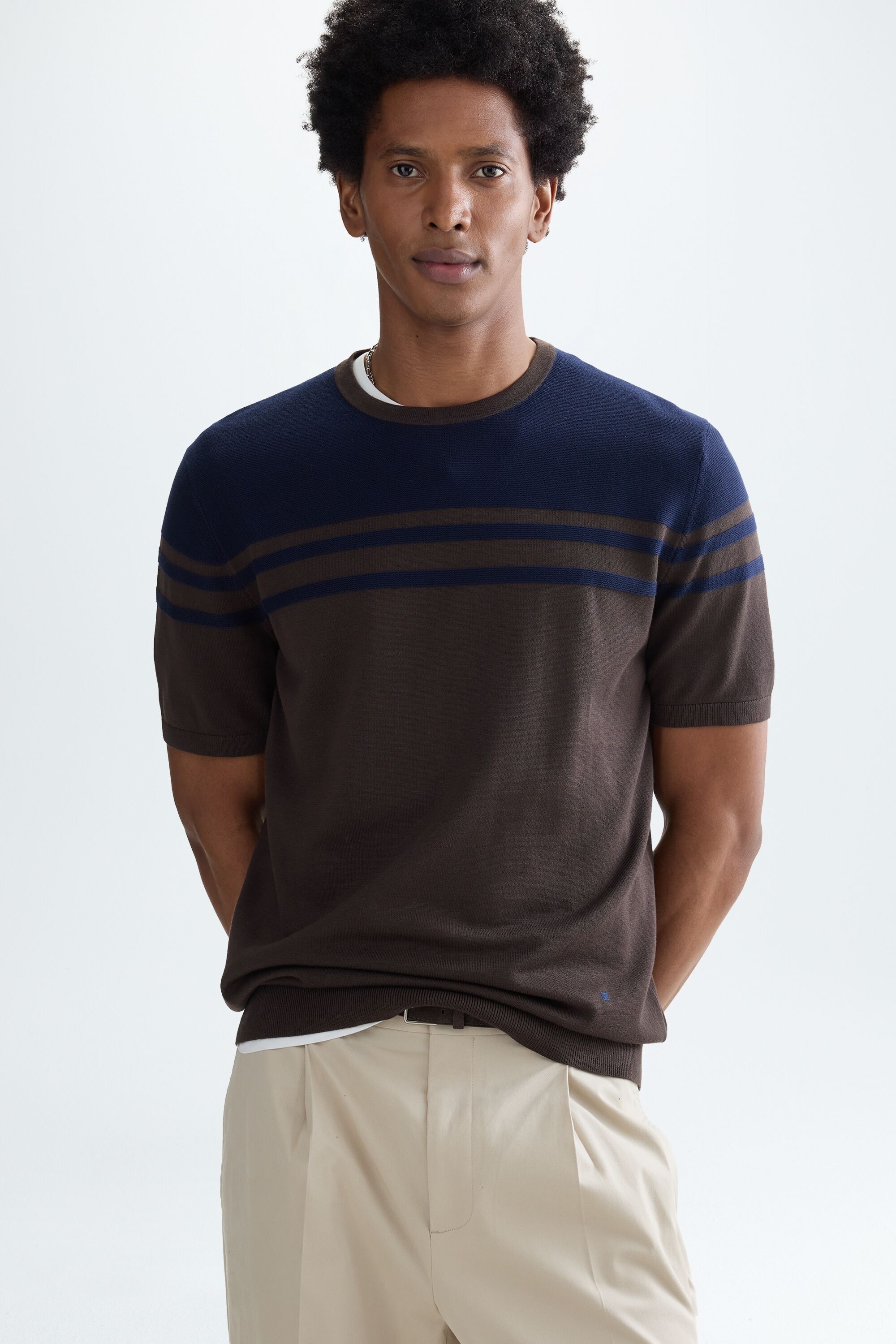 Colorblock pima cotton short-sleeved sweater