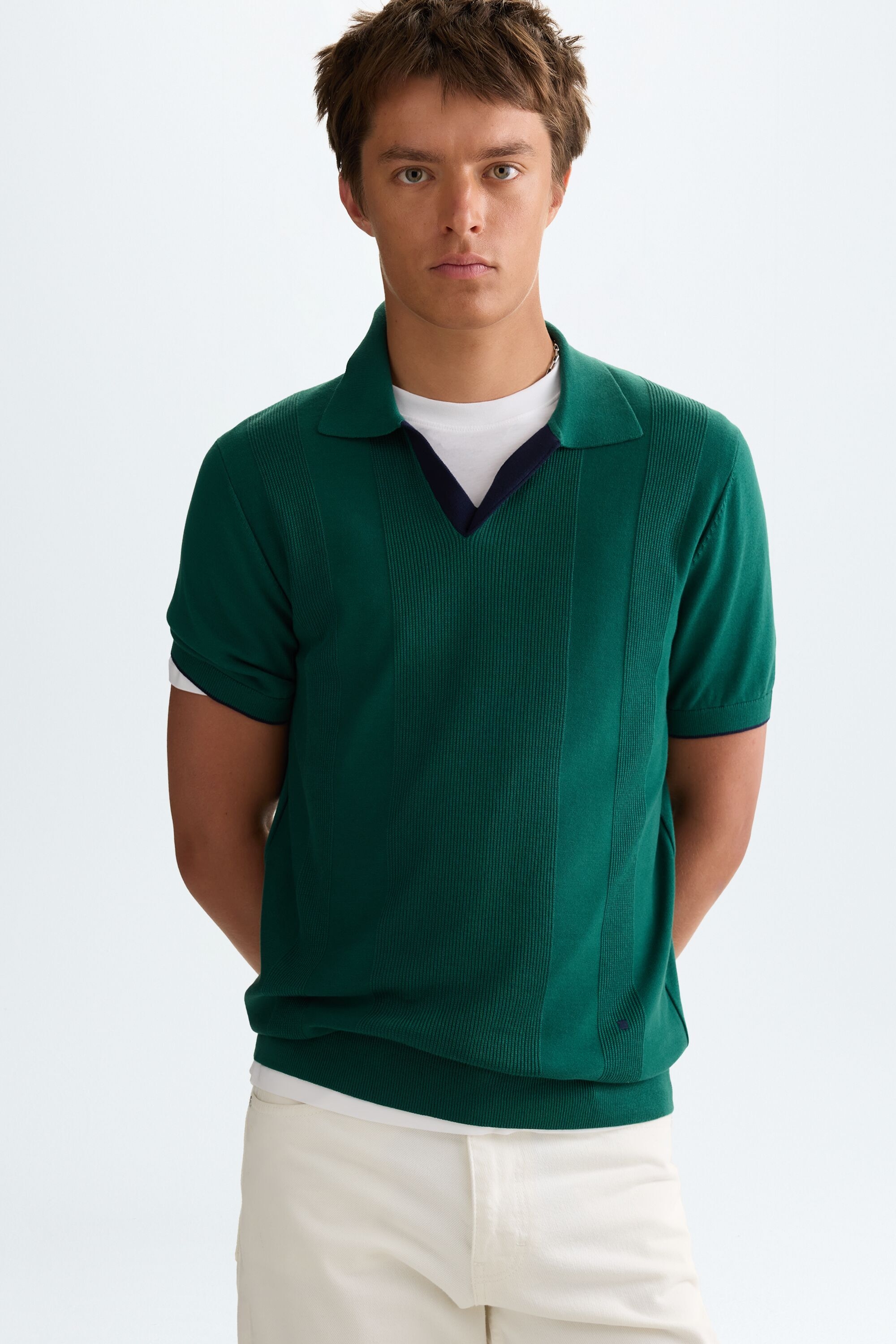 Striped textured knit polo shirt