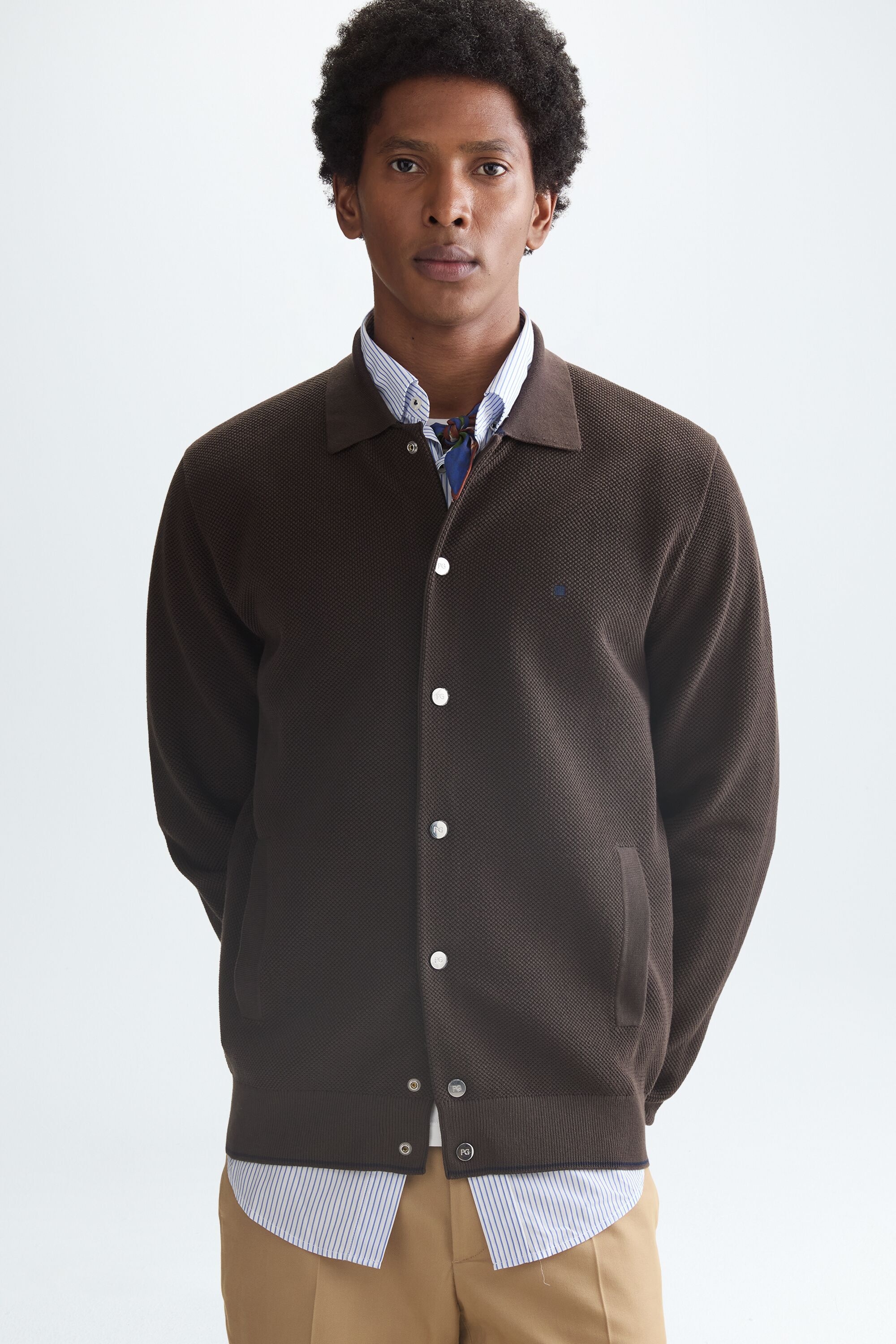 Pima cotton textured knit overshirt - BROWN