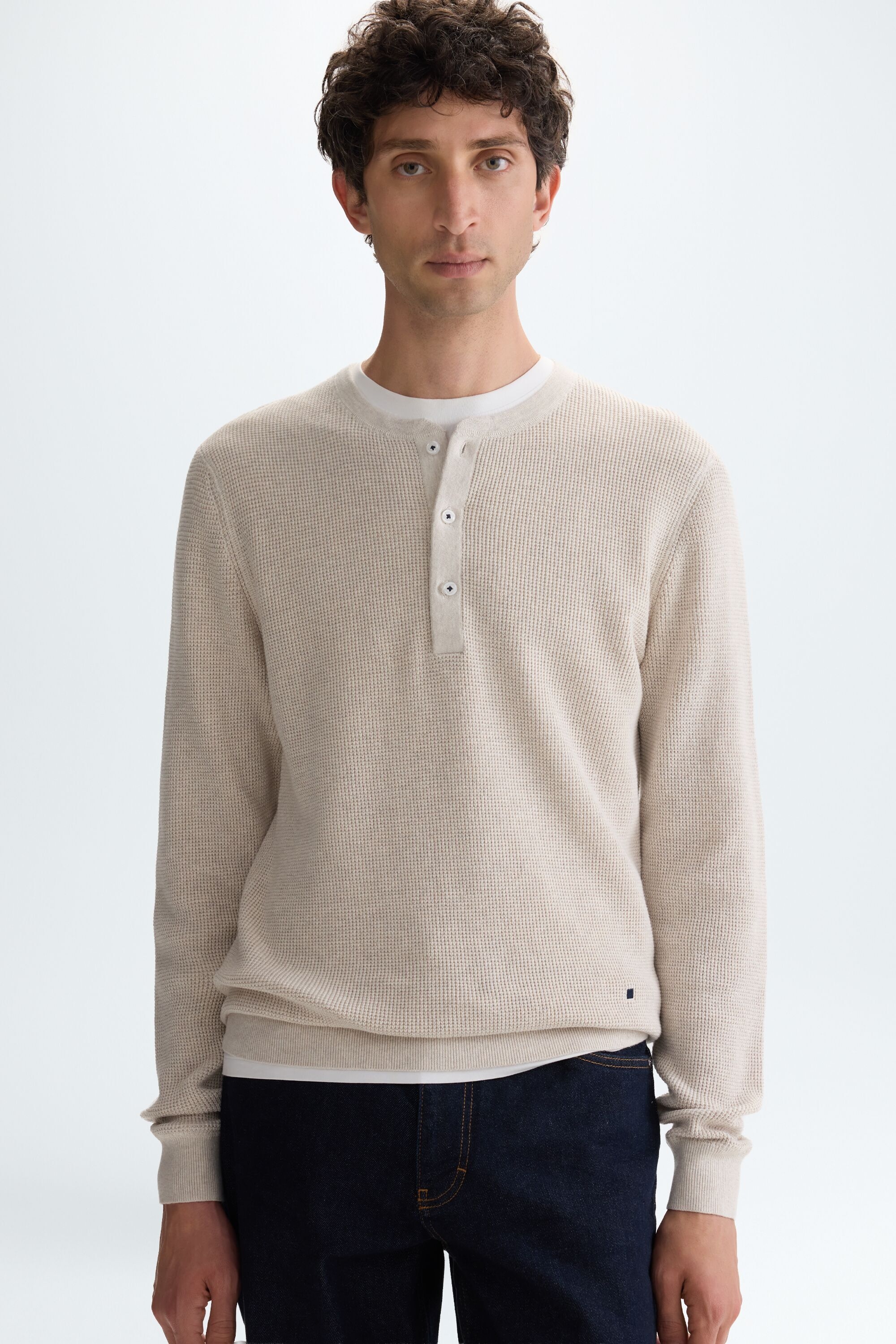 Cotton linen henley-neck sweater - STONE