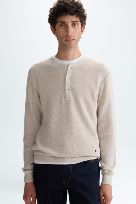 COTTON LINEN HENLEY-NECK SWEATER