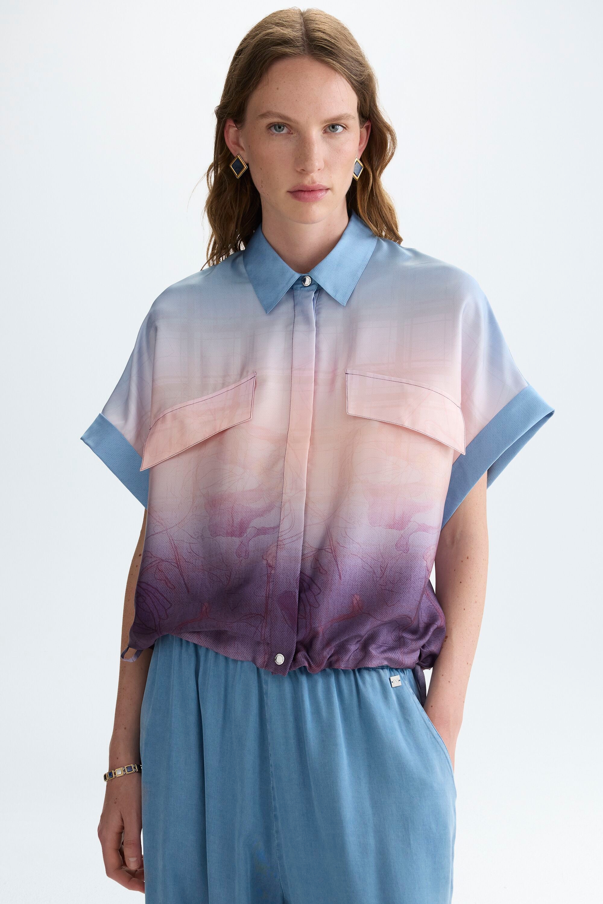 Denim-textured print twill cocoon-fit shirt