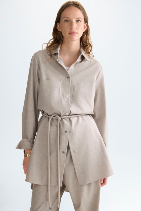 LONG STRAIGHT-CUT COOL WOOL EFFECT SHIRT  WITH BELT