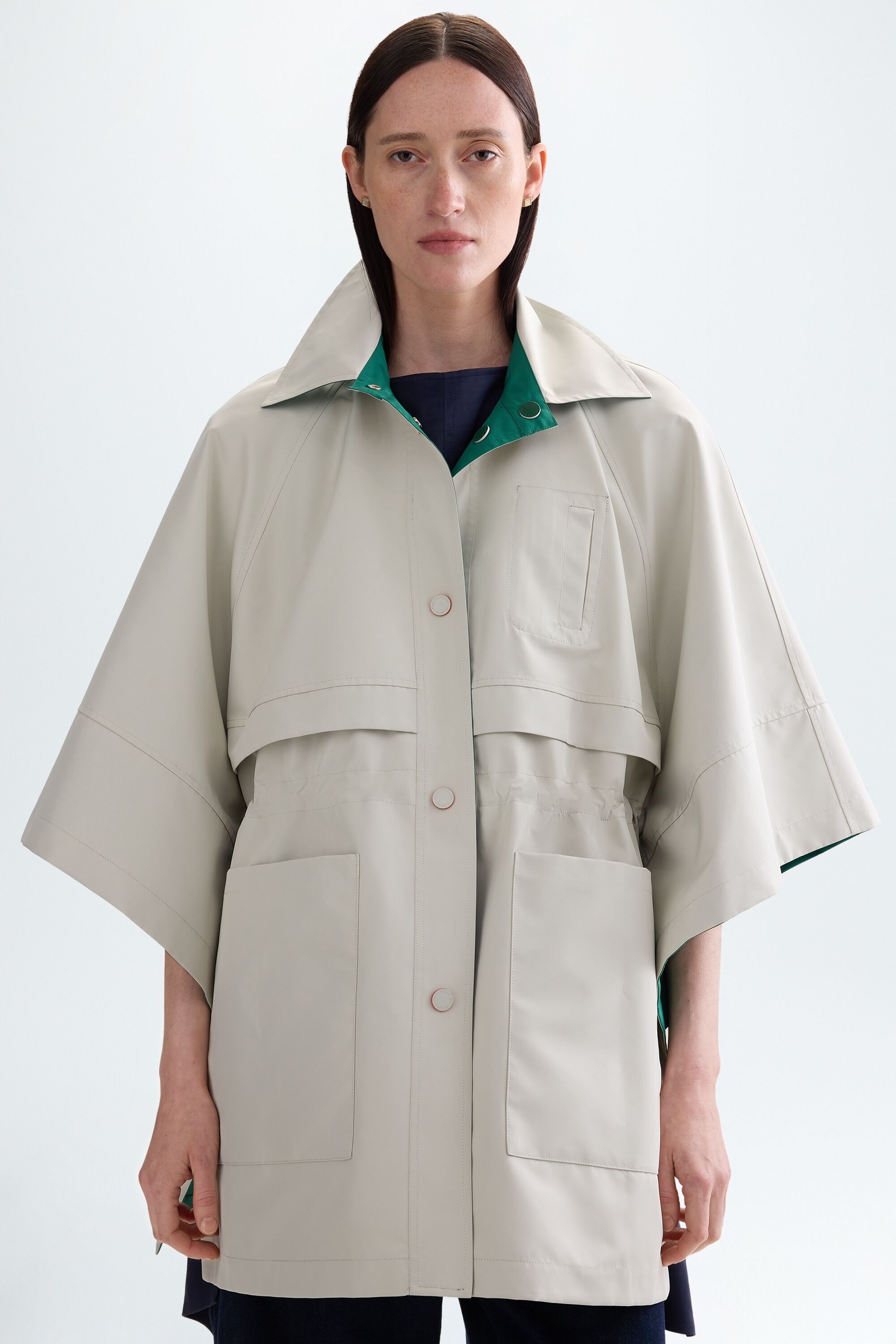 Technical fabric oversize reversible cape
