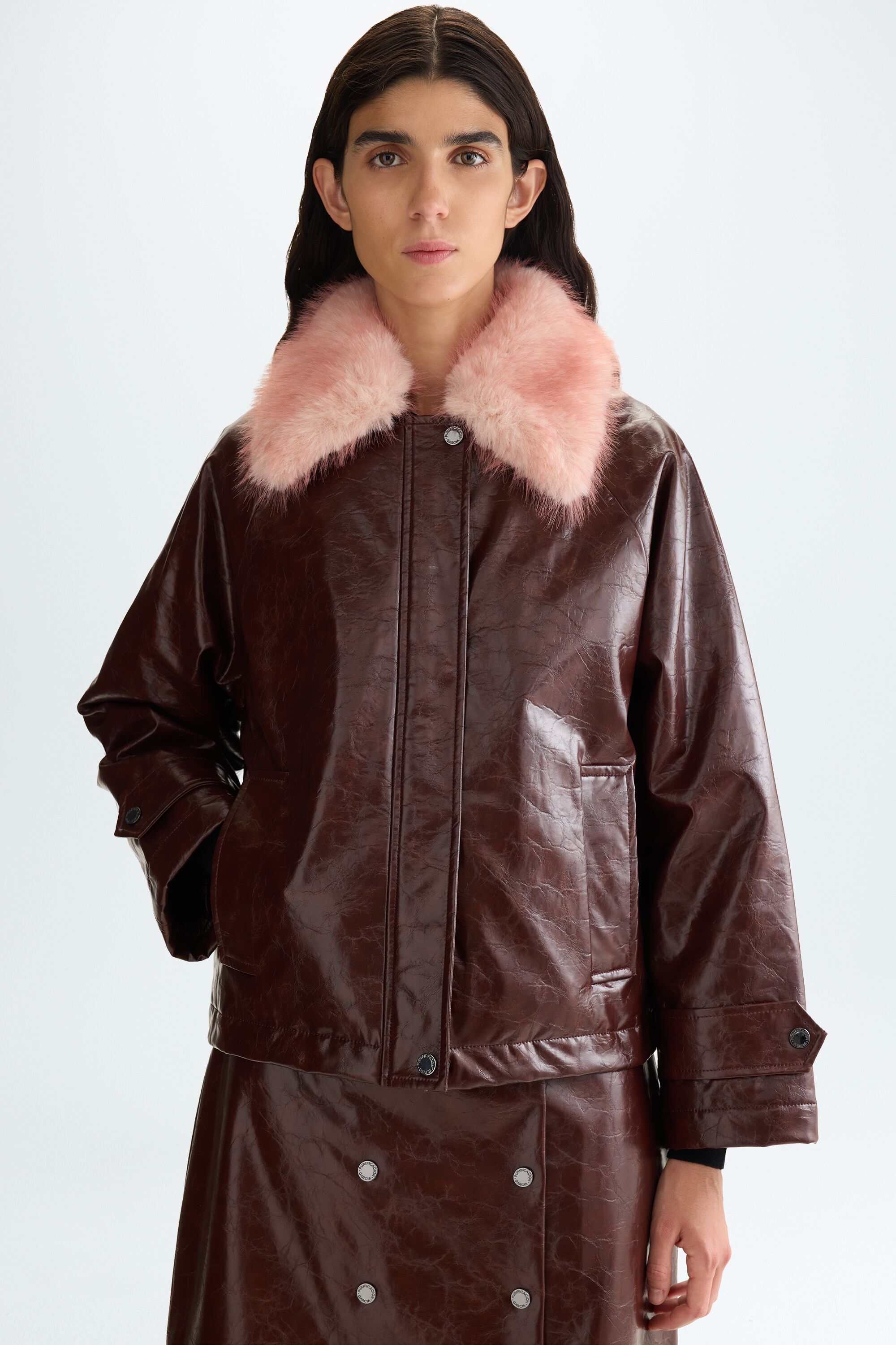 Faux-leather straight-fit coat with detachable fur collar