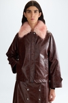 Faux-leather straight-fit coat with detachable fur collar