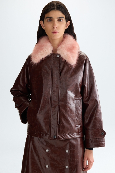 FAUX-LEATHER STRAIGHT-FIT COAT WITH DETACHABLE FUR COLLAR