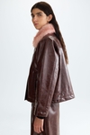Faux-leather straight-fit coat with detachable fur collar