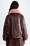 Faux-leather straight-fit coat with detachable fur collar