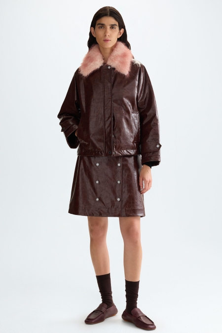 FAUX-LEATHER STRAIGHT-FIT COAT WITH DETACHABLE FUR COLLAR