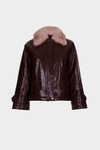 Faux-leather straight-fit coat with detachable fur collar