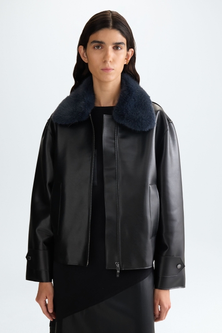STRAIGHT-FIT FAUX-LEATHER COAT WITH DETACHABLE FUR COLLAR