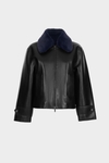 Straight-fit faux-leather coat with detachable fur collar