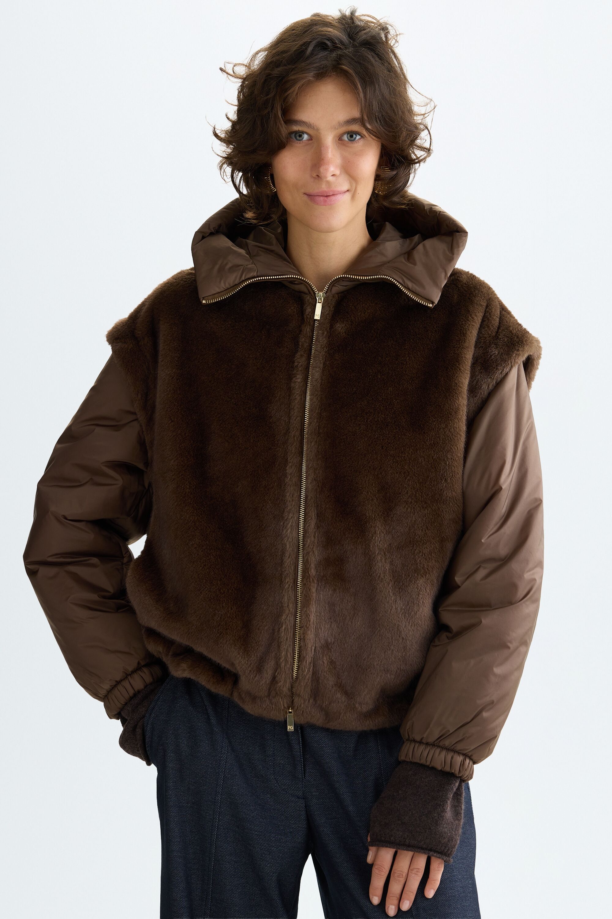 Faux Fur and Nylon Cocoon-fit Hooded Jacket