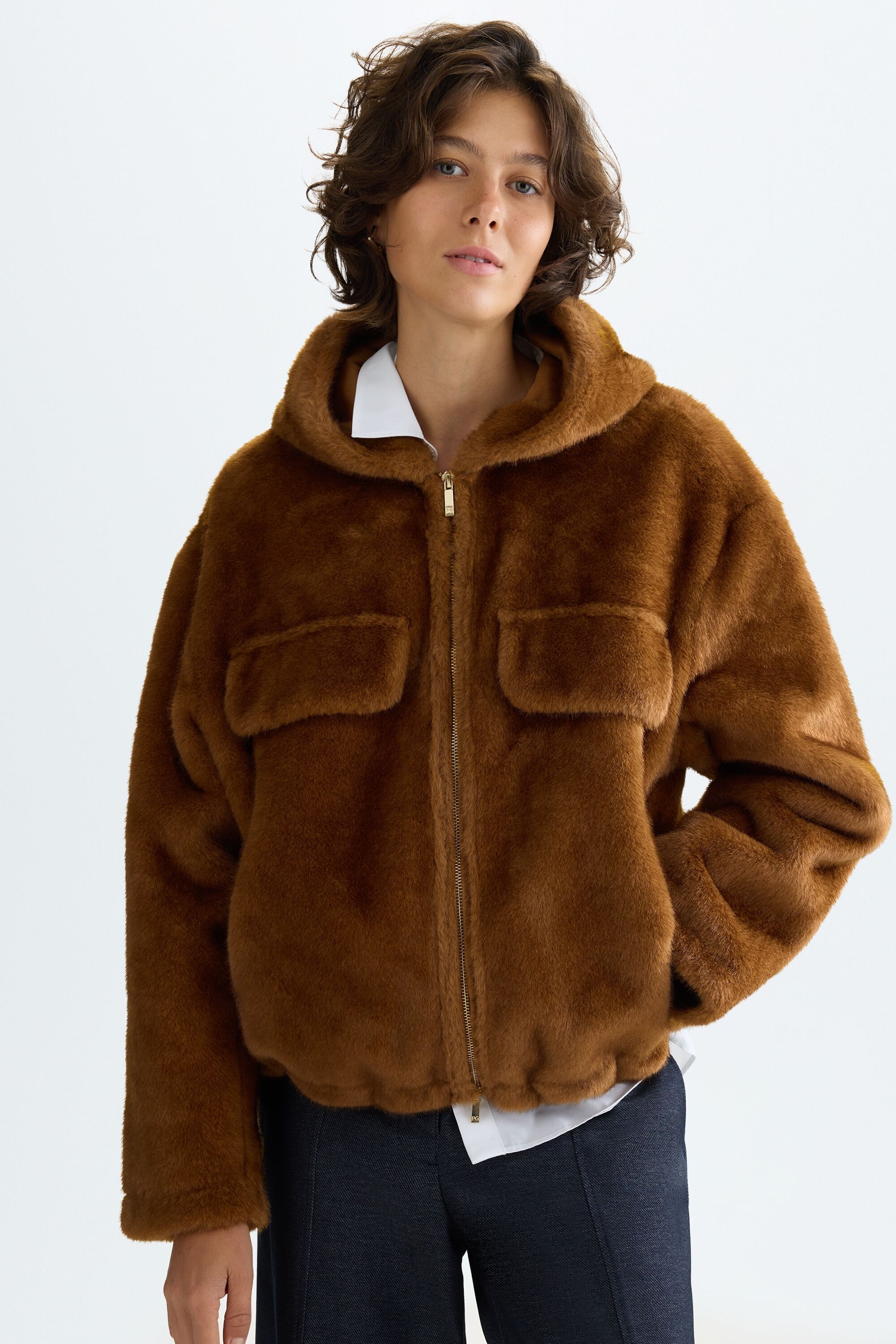 Faux fur hooded bomber jacket