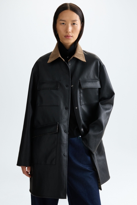 FAUX-LEATHER CHEQUERED TECHNICAL FABRIC REVERSIBLE COAT