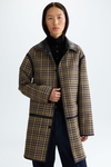 Faux-leather chequered technical fabric reversible coat