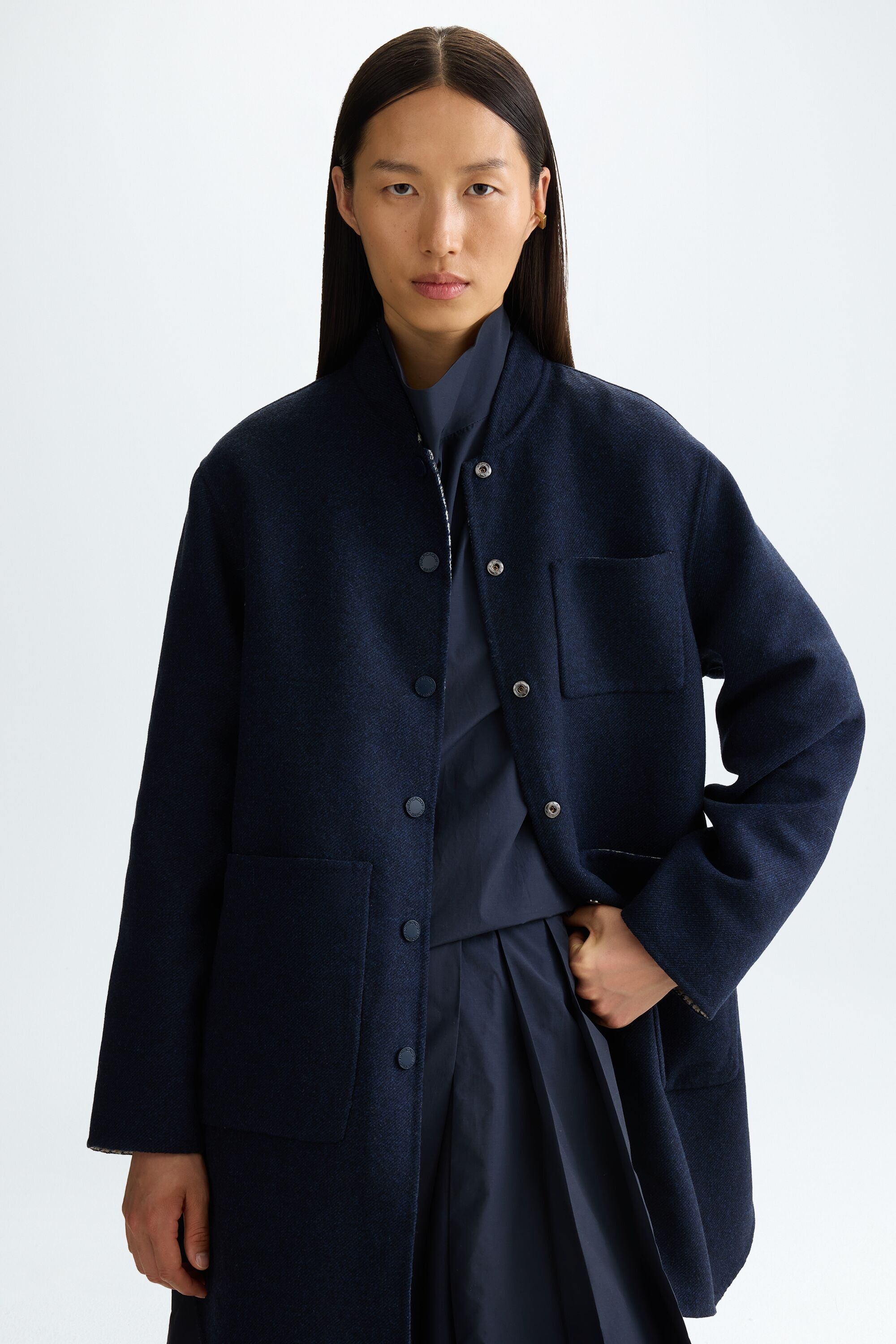 Chequered wool reversible coat - Blue/Ecru/Red/Yellow